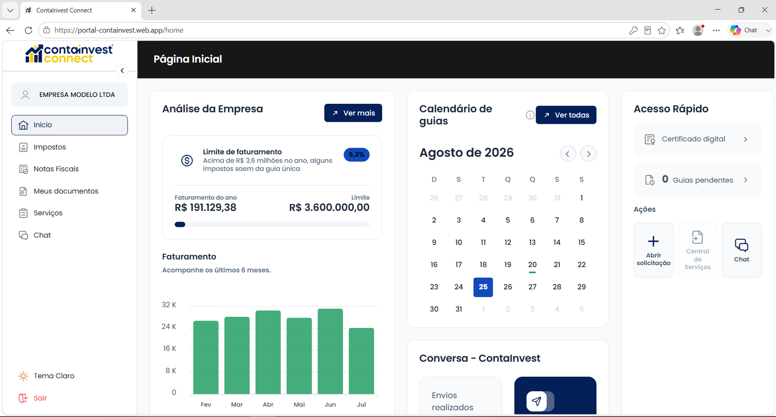 Painel do ContaInvest Connect no computador